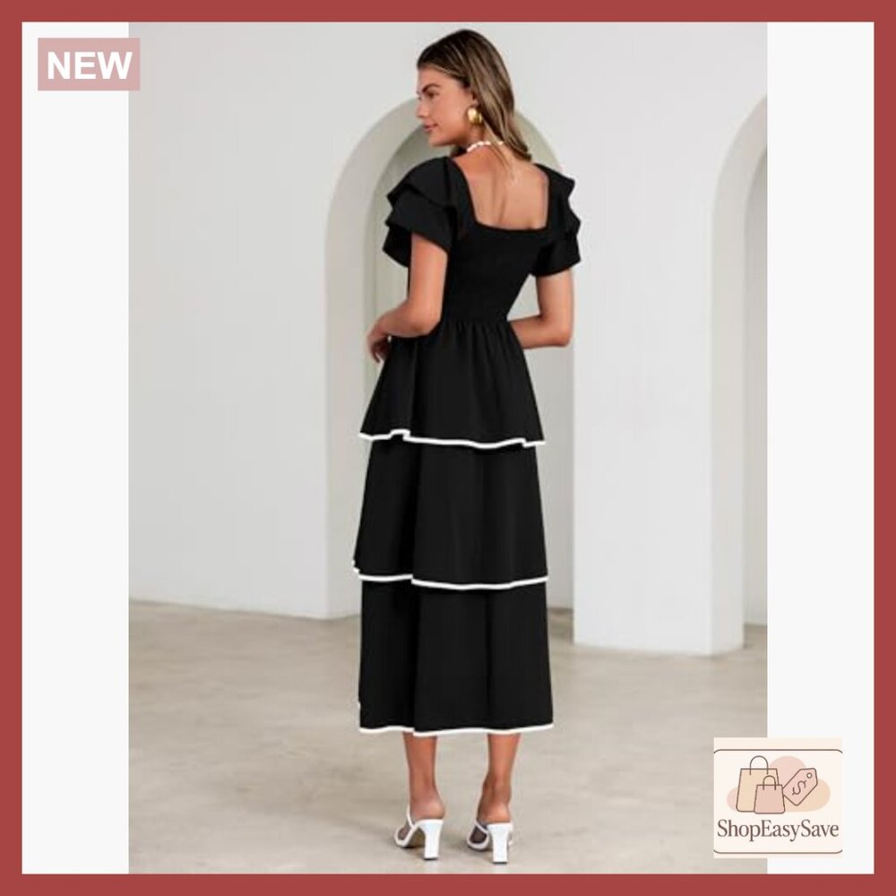 Boho Maxi Dress Smocked Tiered Square Neck Ruffle Casual Wedding Guest - Picture 6 of 7